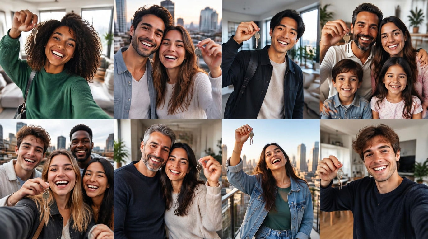 Locataires souriants de toutes origines qui montrent leurs nouvelles clés